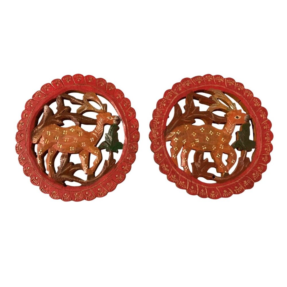 Hand Painted Wooden Deer Trivets Decor Set Of 2